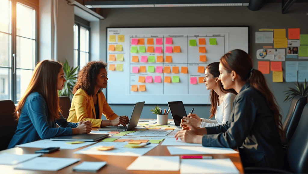 Modern workspace with a team engaged in Agile planning around a Kanban board.