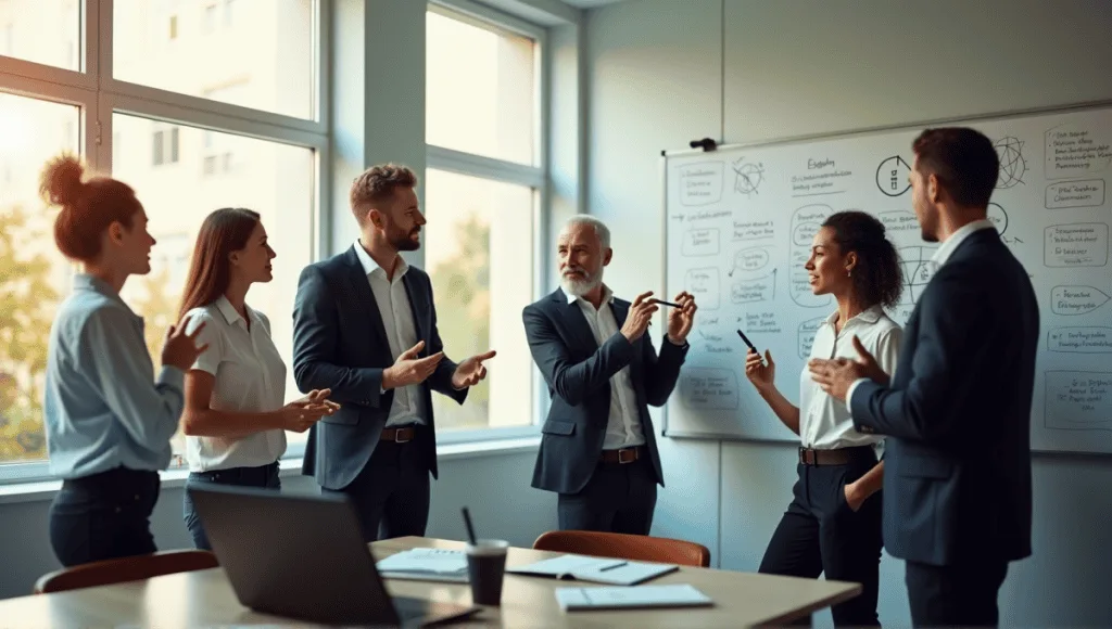 Team of professionals brainstorming in a modern office with a whiteboard full of ideas.