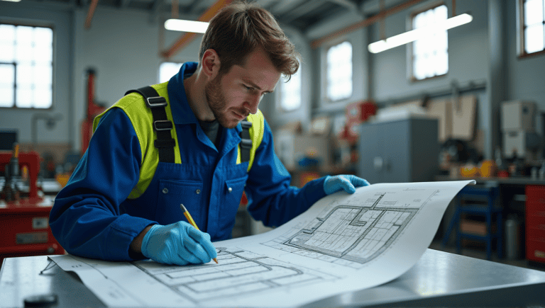 Engineer in blue overalls and high-visibility jacket studying a process diagram in workshop.