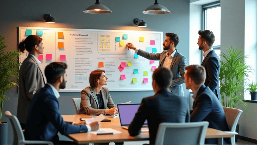 Professionals in a business meeting around a visual management board discussing strategies.