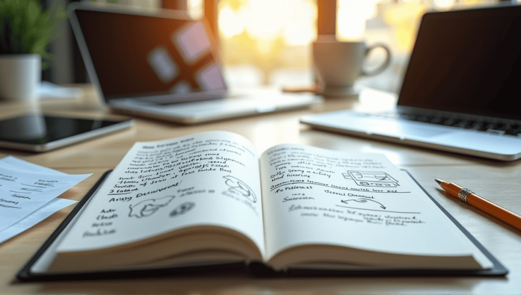 Open notebook with Agile documentation notes, surrounded by a laptop and tablet in a modern workspace.