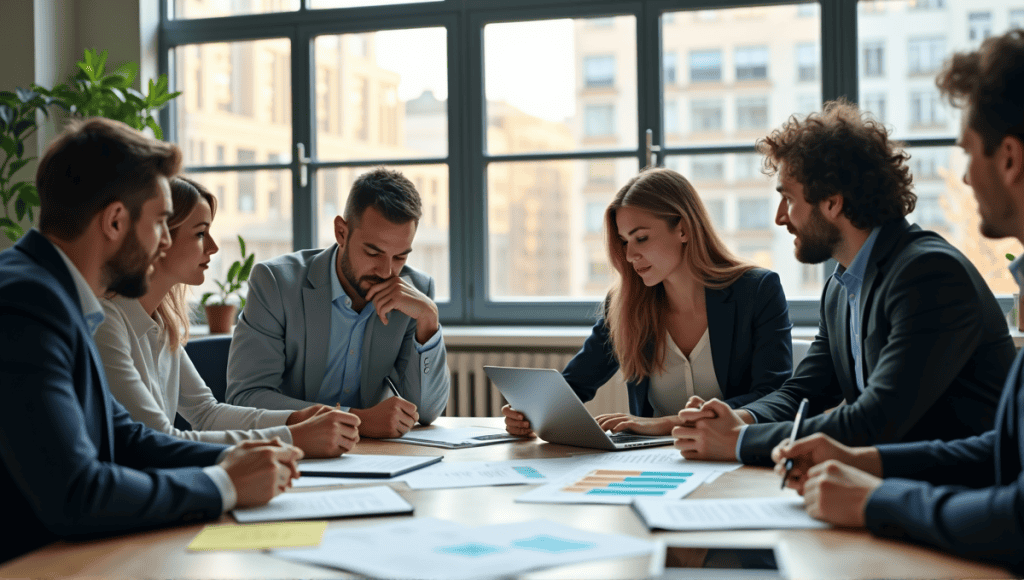 Group of professionals collaborating with Agile estimation tools in a modern office setting.