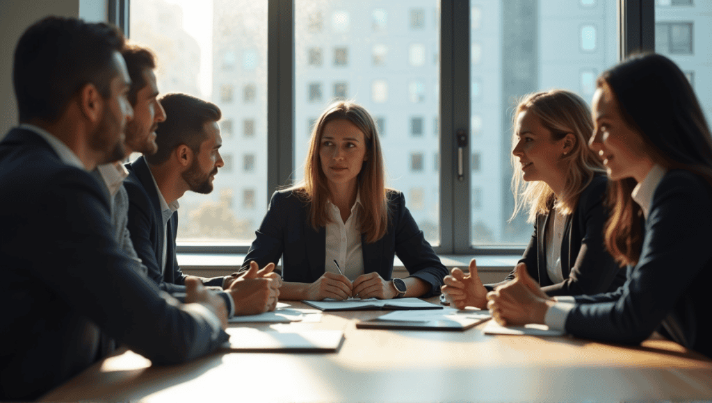 Professionals engaged in a collaborative meeting discussing the Scaled Agile Framework in a modern office.