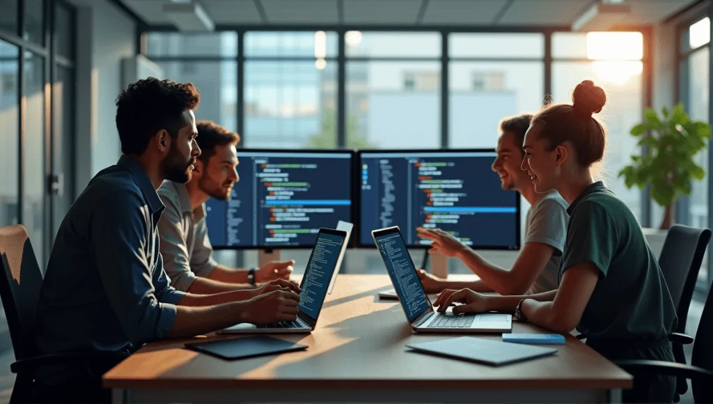 Group of software developers collaborating around a table in a modern office setting.
