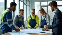 Engineers collaborating in a modern office, surrounded by blueprints and digital screens.