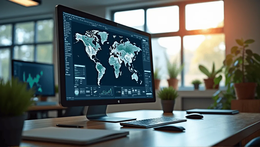 Modern office workspace featuring supply chain mapping tools on a large computer screen.