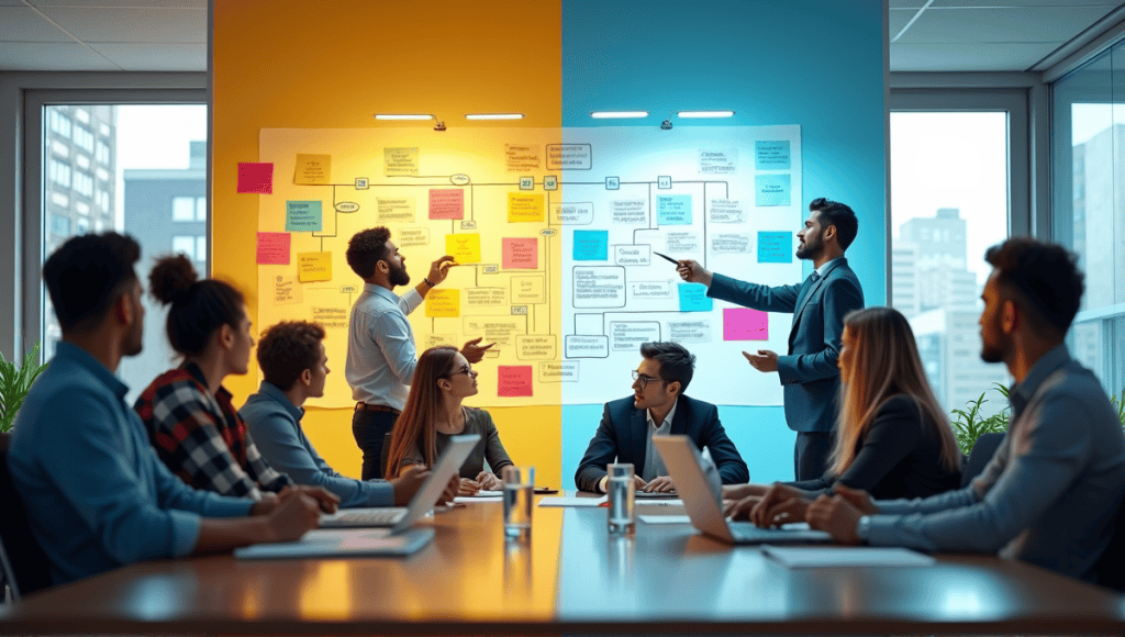 Split scene showing Agile teamwork with post-it notes and Waterfall planning with flowcharts.