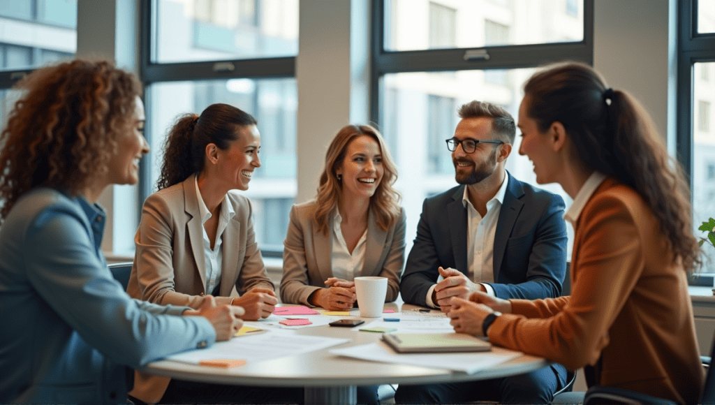 Group of professionals engaged in lively discussion around a circular table in an office.