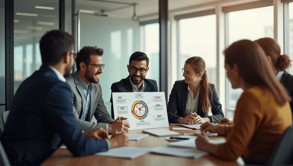 Professionals discussing the Kaizen Maturity Model with a chart in a modern office.