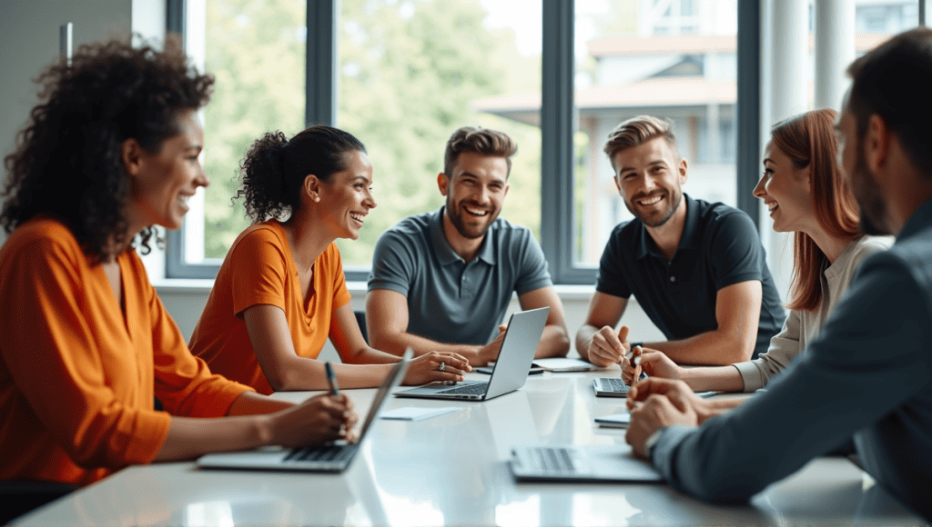 Professionals discussing agile production challenges at a modern conference table.