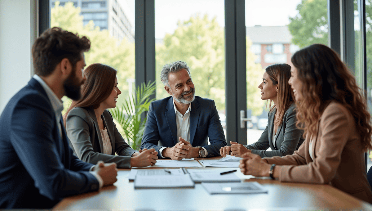 Professionals engaged in a brainstorming session around a modern conference table, showcasing collaboration.