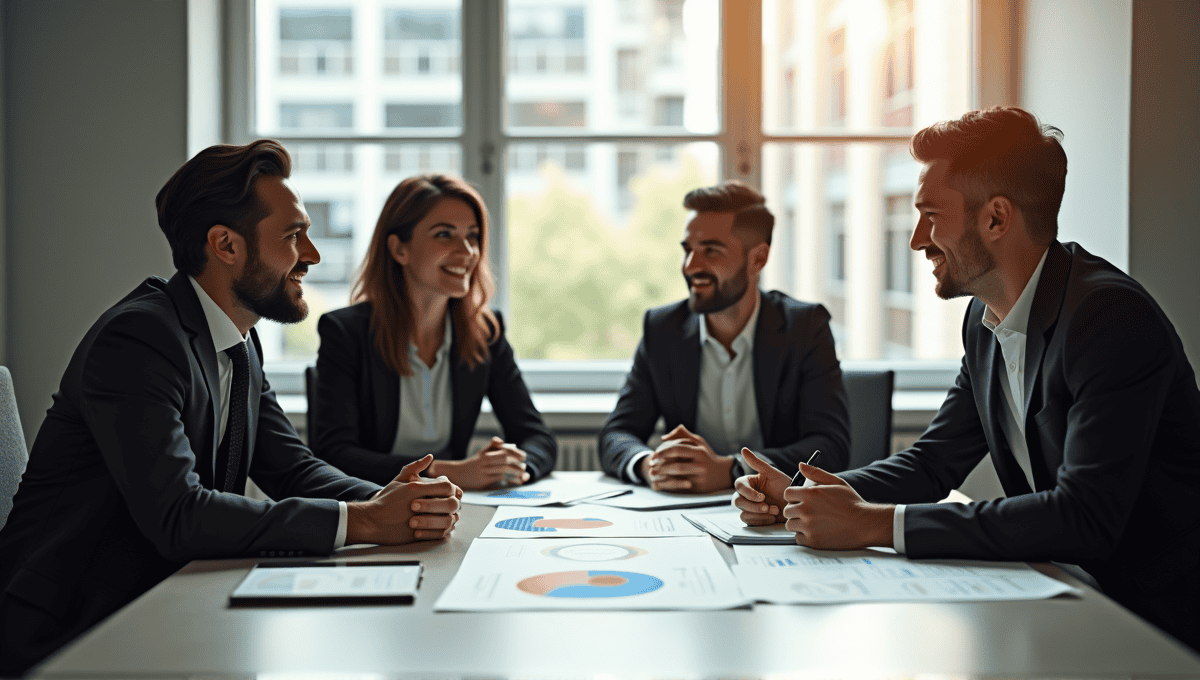 Group of professionals in business attire collaborating during a meeting in a modern conference room.