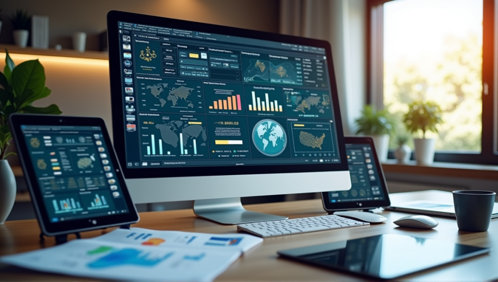 Modern workspace with computer, tablets, and supply chain mapping tools and diagrams.