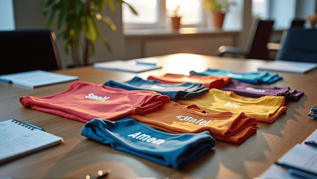 Colorful T-shirts labeled Small, Medium, and Large on a wooden office table.