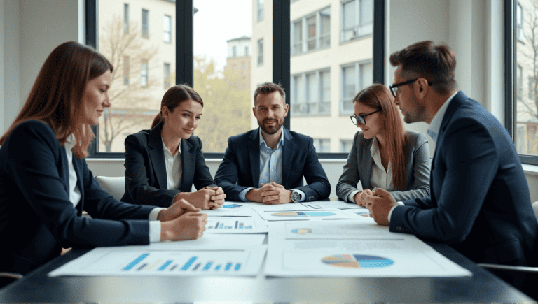 Team of supply chain professionals discussing strategies at a conference table in a modern office.