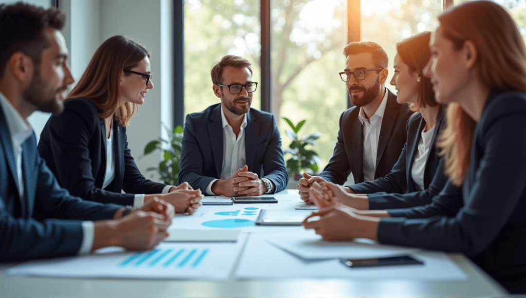 Finance professionals collaborating around a table with charts and a digital presentation in a modern office.