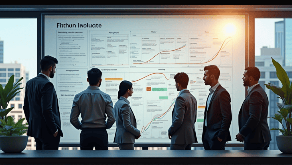 Group of professionals discussing Kaizen evolution with timelines on a wall chart.