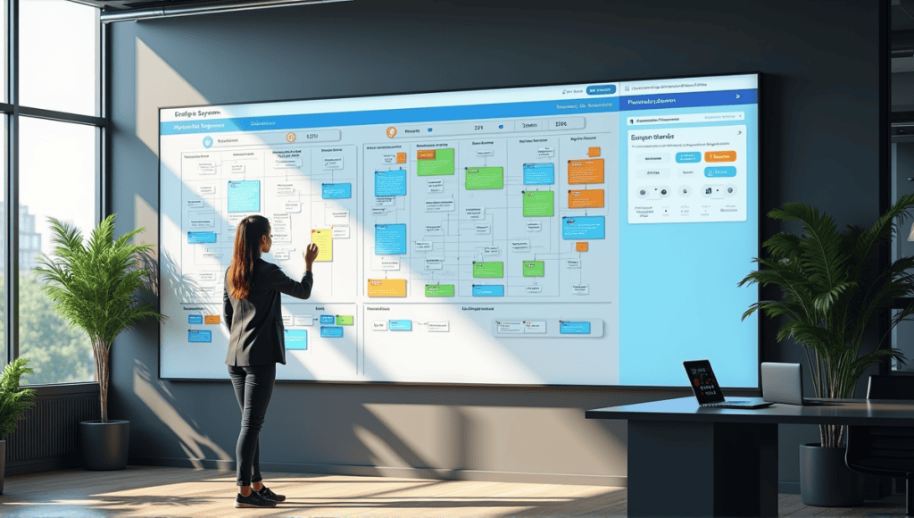 Modern office workspace with digital scrum board showcasing hybrid boards and swimlanes.