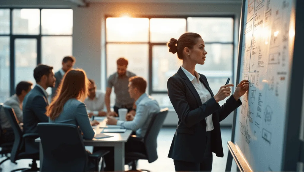 Professional team collaborating around a whiteboard in a bright, modern office setting.