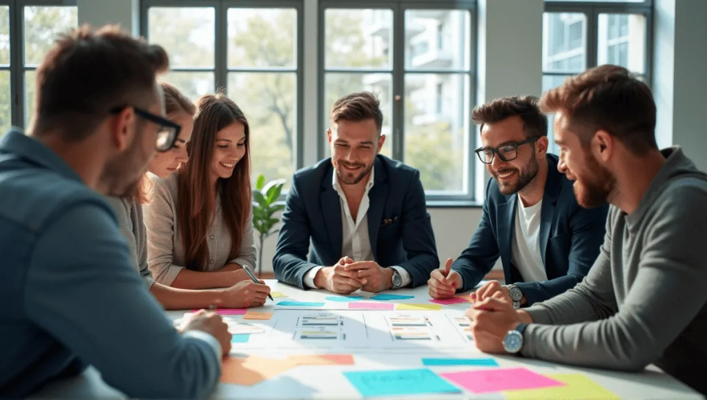 A group of professionals brainstorming around a table with colorful post-it notes and charts.