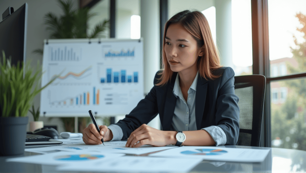 Professional reviewing Key Performance Indicators at a modern office desk with charts and graphs.