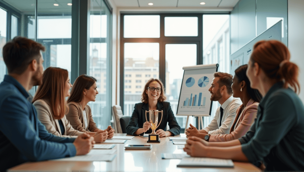 Team of professionals discussing at a conference table, with a trophy symbolizing achievement.