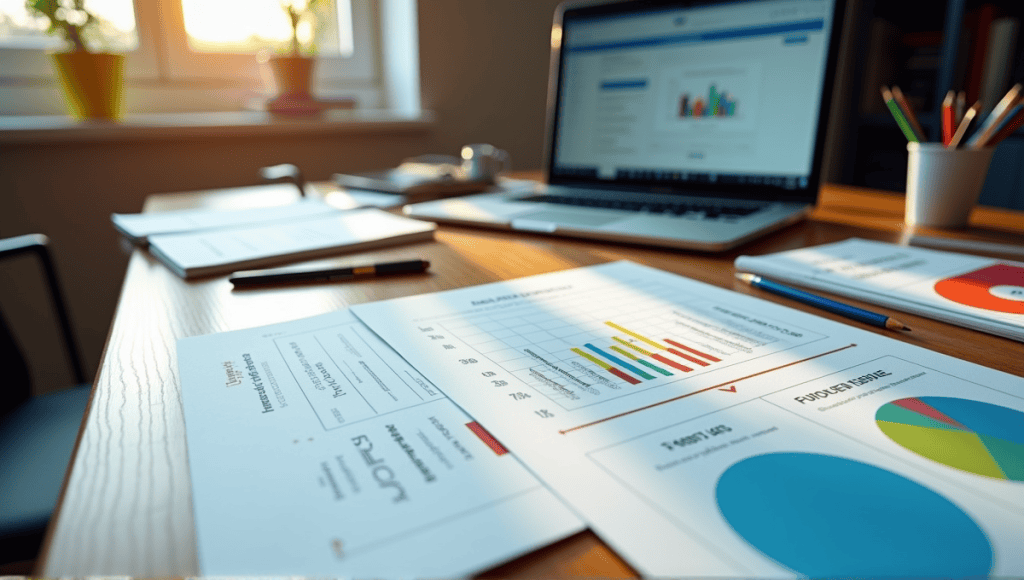 Organized workspace with FMEA templates, laptop, charts, and customizable tips on the desk.