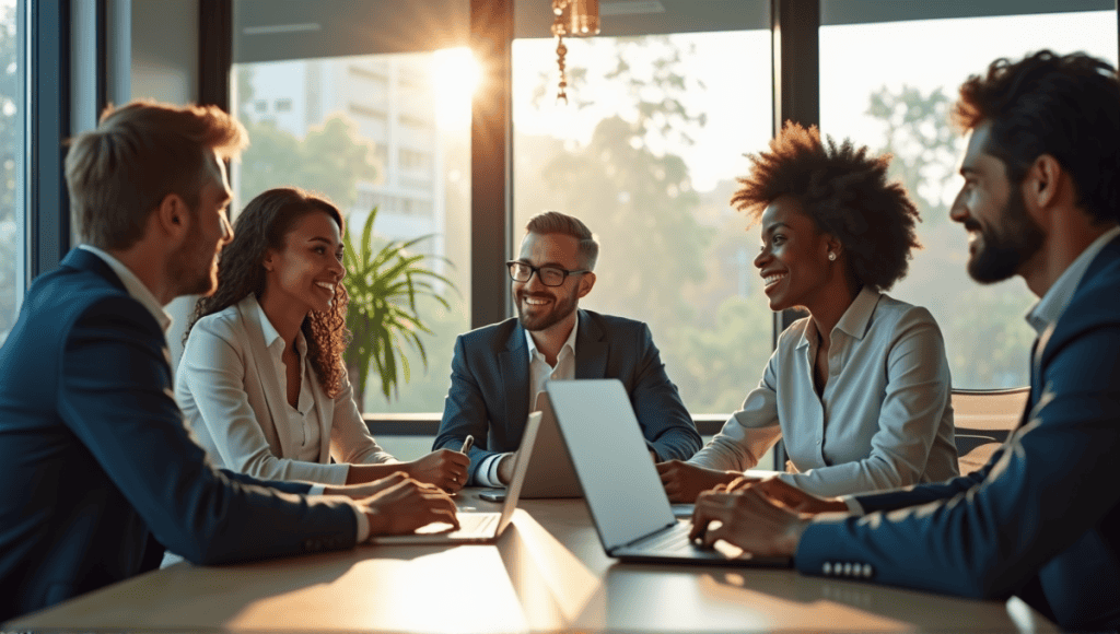 Group of professionals collaborating in a virtual meeting around a conference table.