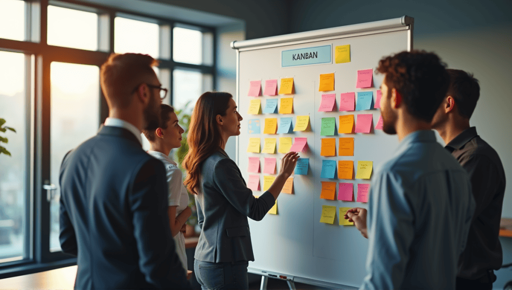 Professionals collaborating around a Kanban board filled with colorful sticky notes in an office.