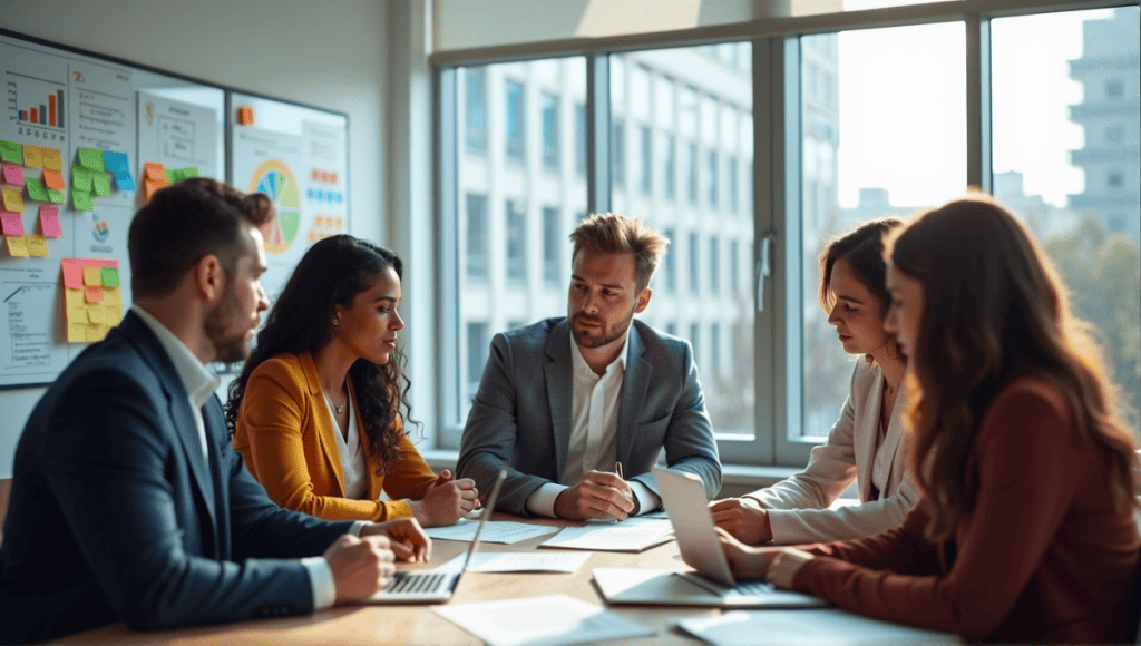 Group of business analysts brainstorming in a bright office, surrounded by charts and sticky notes.