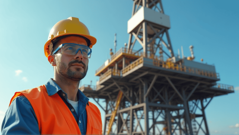 Oil and gas engineer in hard hat at busy oil rig with machinery.