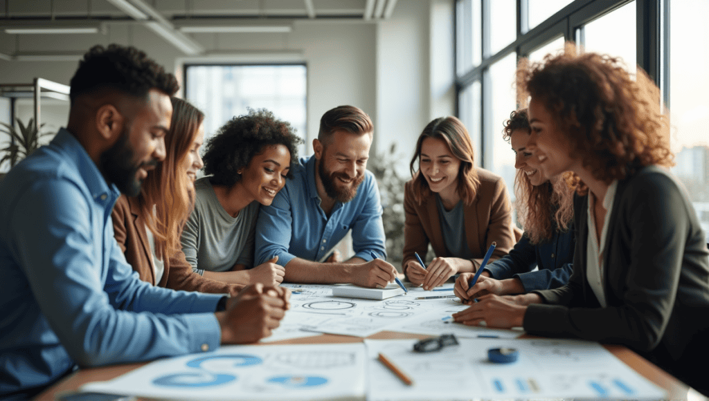 Product development team brainstorming, surrounded by sketches and prototypes in a modern workspace.