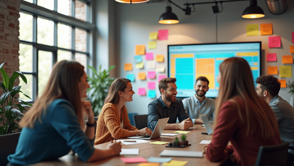 Modern workspace with professionals discussing task prioritization techniques and colorful post-it notes.