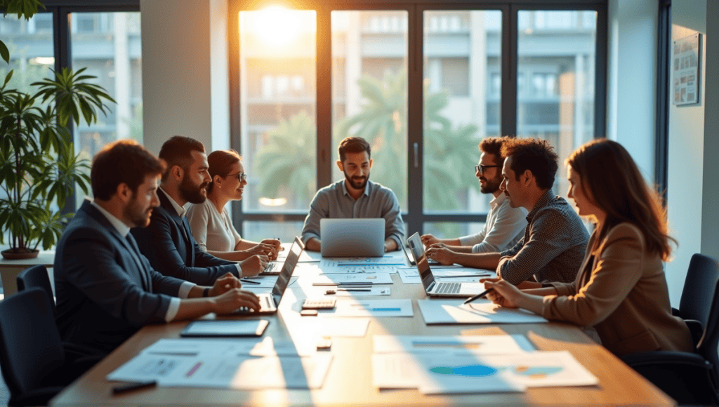 Group of professionals discussing Agile frameworks around a modern conference table in an office.