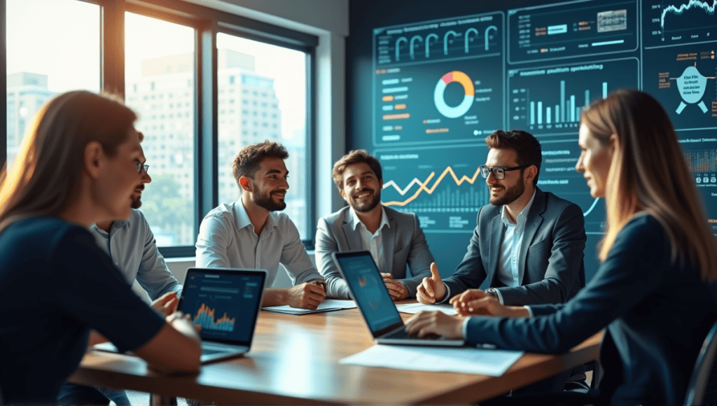 Group of professionals discussing agile culture in an office with charts and digital displays.