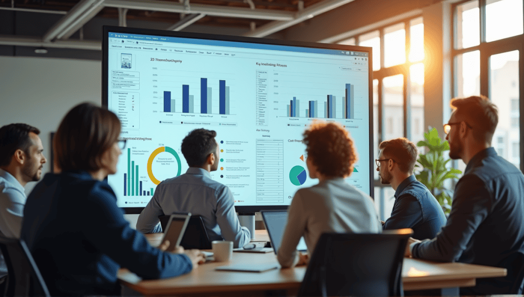 Engaged team analyzing agile metrics on a large screen in a modern office.