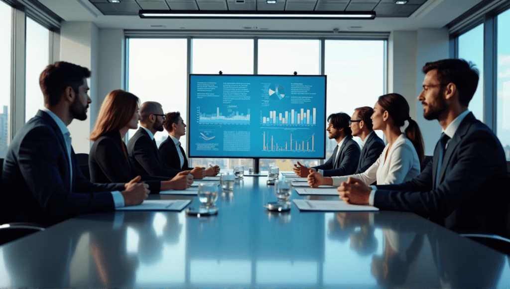 Group of professionals discussing quantitative analysis methods in a modern conference room.