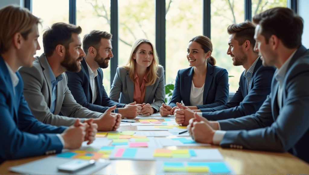 Group of professionals discussing Kanban implementation with sticky notes and charts in a modern office.