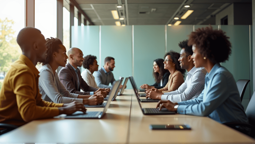 Group of professionals seated around a modern conference table, collaborating during a meeting.