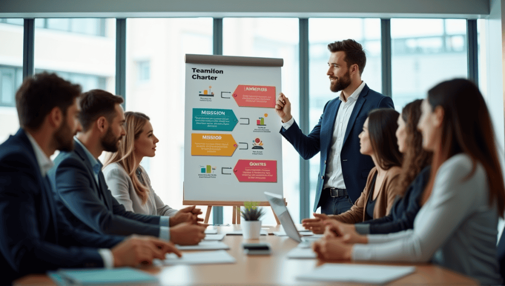 Professionals collaborating at a conference table, discussing a team charter and presentation.