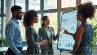 A woman presents ideas on a digital whiteboard surrounded by colleagues in a modern office.