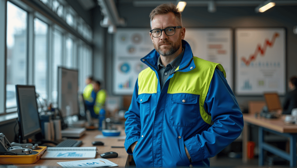 Engineer in blue overalls with quality control tools in a modern workshop setting.