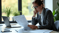 Thoughtful professional in gray suit examining feasibility study report at conference table.