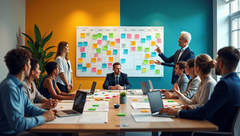 Split scene showing agile project management collaboration and traditional project management meeting.