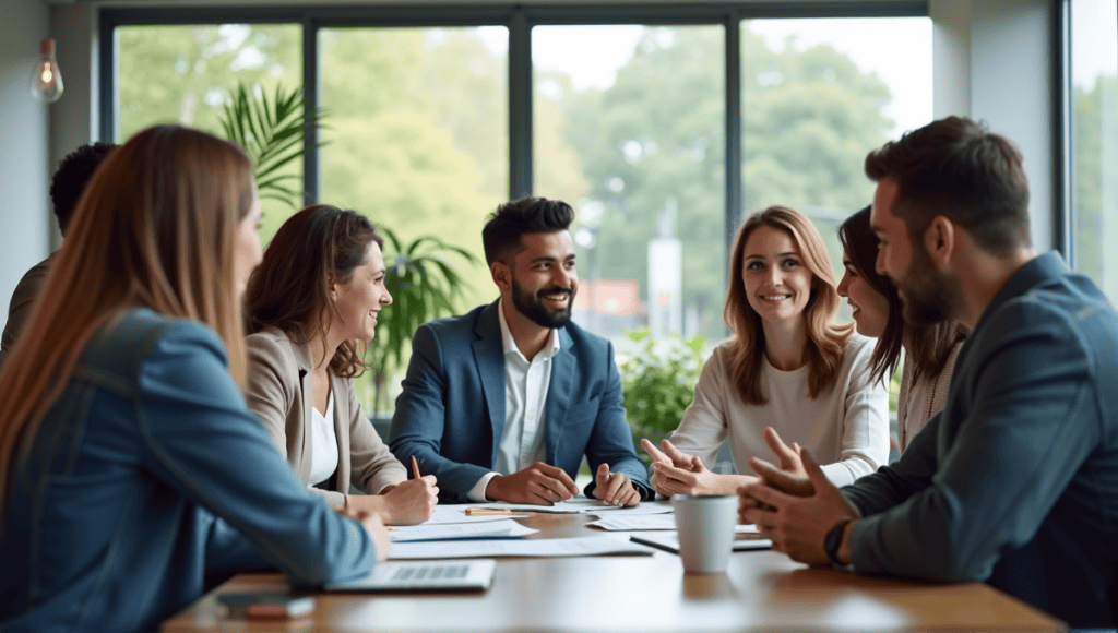 Group of professionals in smart casual attire engaged in animated discussion around a conference table.