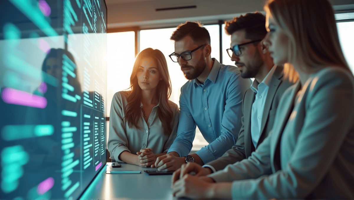 Professionals collaborating over a digital interface displaying agile acceptance criteria in a modern office.