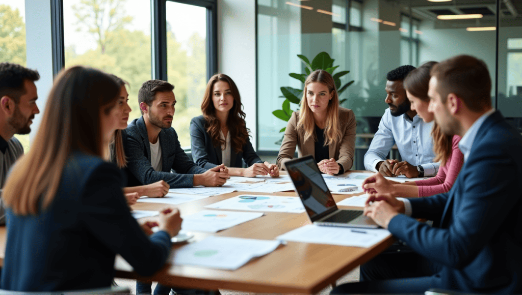 Group of professionals in smart-casual attire collaborating at a wooden table in an office.