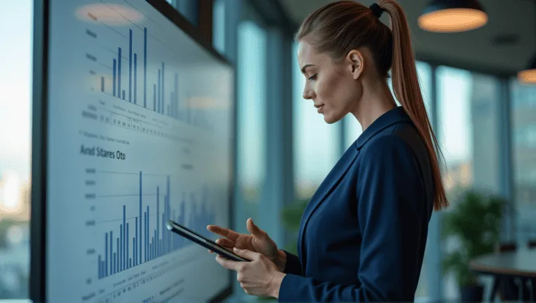 Focused businesswoman in a navy suit analyzing data on a digital tablet in modern office.