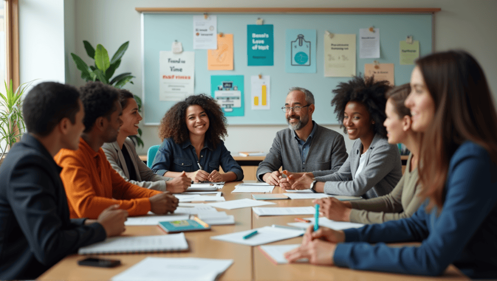 Group of educators engaged in discussion at a large table in a modern classroom.