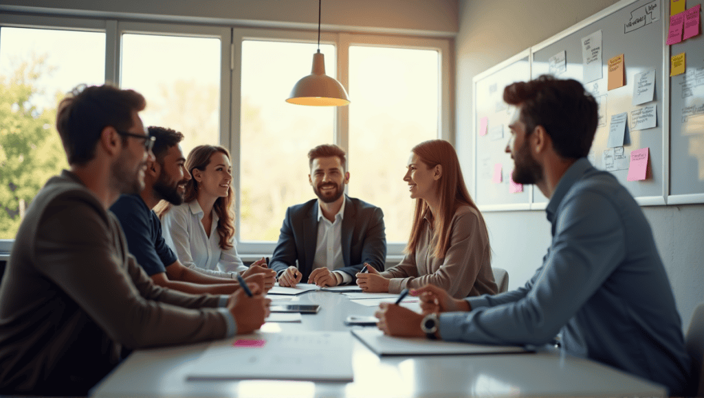 Group of professionals collaborating in a meeting with Scrum framework diagrams on whiteboards.